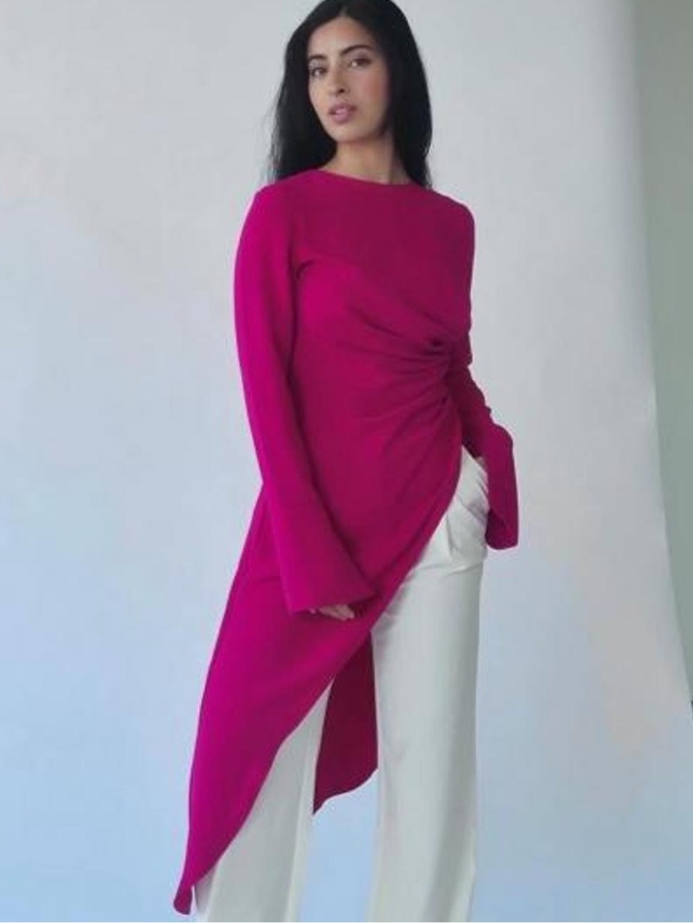 summer evenings asymmetric top in fuchsia